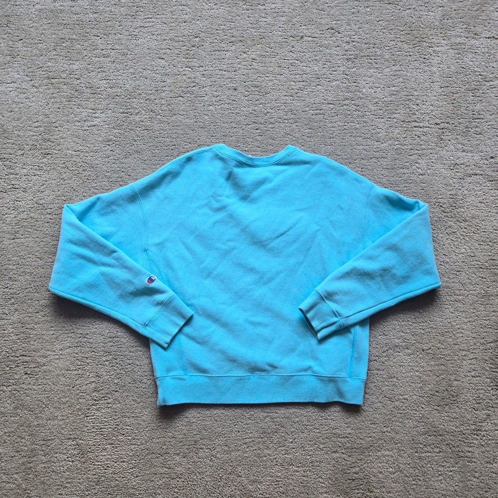 Champion Reverse Weave Sweatshirt Womens Small Blue Pink Chenille Script Logo - Picture 3 of 6